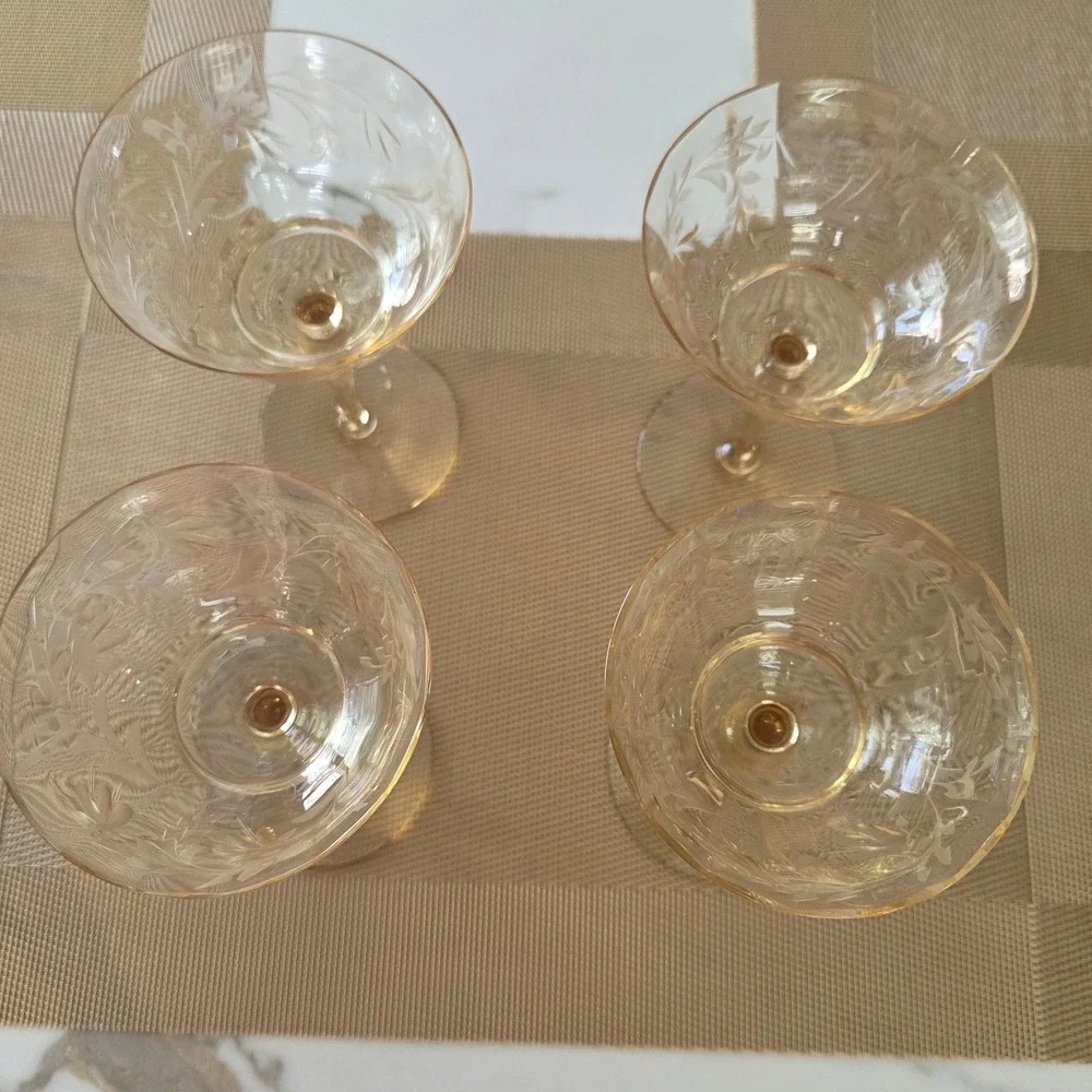 Set of 4 Art Deco Etched Crystal  Yellow Etched Champagne Glasses Waterfall Stem
